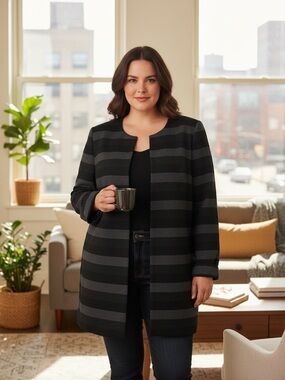 Tahari Arthur Levin contemporary black grey striped long blazer suit jacket 16